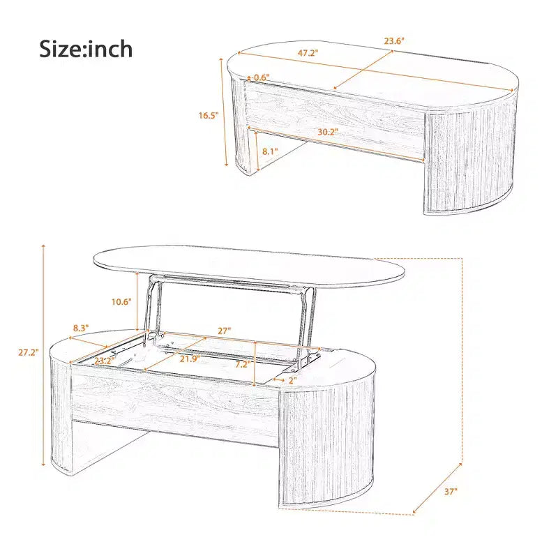 Table basse relevable de 120 cm avec compartiment de rangement caché, ovale, marron