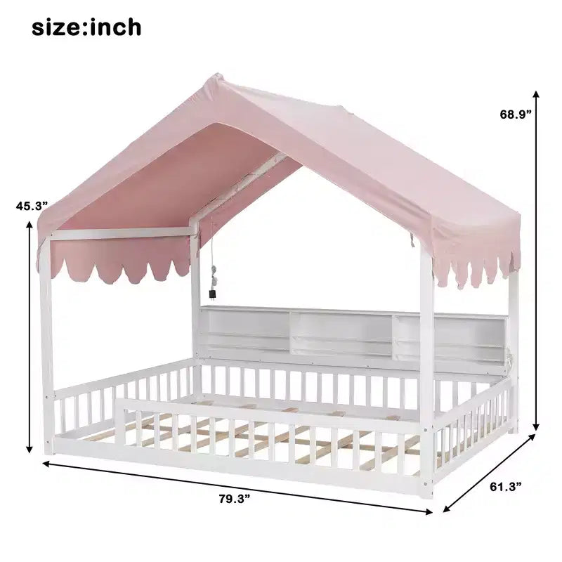 Whisen Full Size Wooden Floor Bed Frame, House-Shaped Daybed with Fense, 3 Storage Bookshelves, Curtain