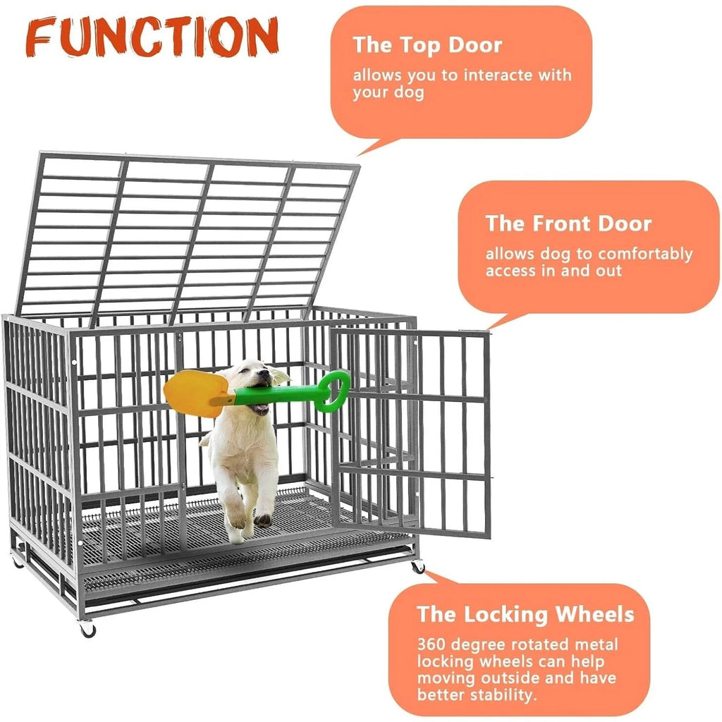 BOSSIN 48/38 inch Heavy Duty Indestructible Dog Crate, Escape Proof Dog Cage Kennel with Lockable Wheels