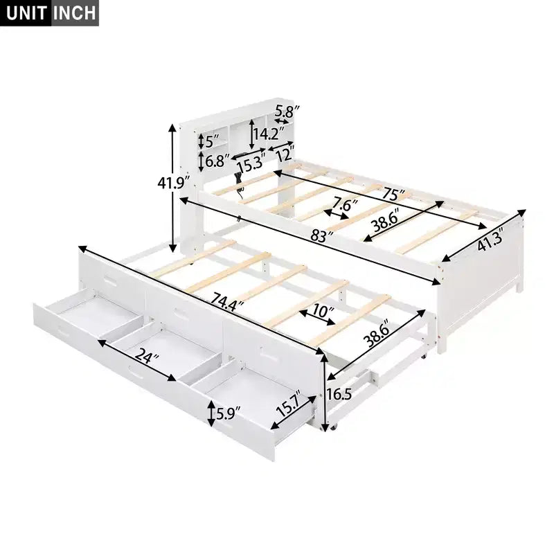 Platform Bed with Trundle and Drawers, Storage Platform Bed with USB, Wood Platform Bed with Bookcase