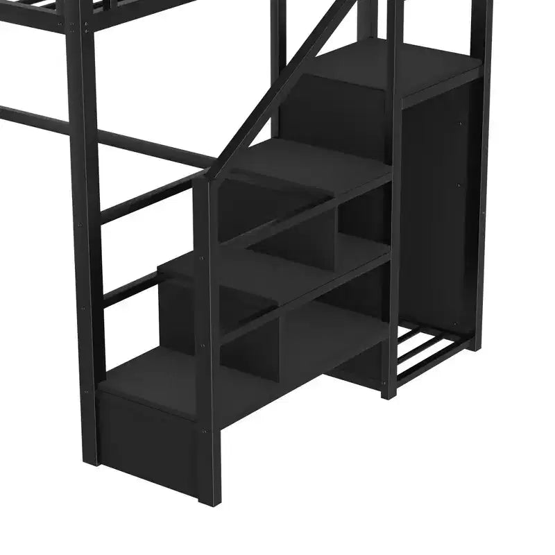 ModernLuxe Full/Queen Loft Bed with Stairs & Built-in Wardrobe, Metal Bed Frame with LED Lights, USB Charging Station & Storage Shelves