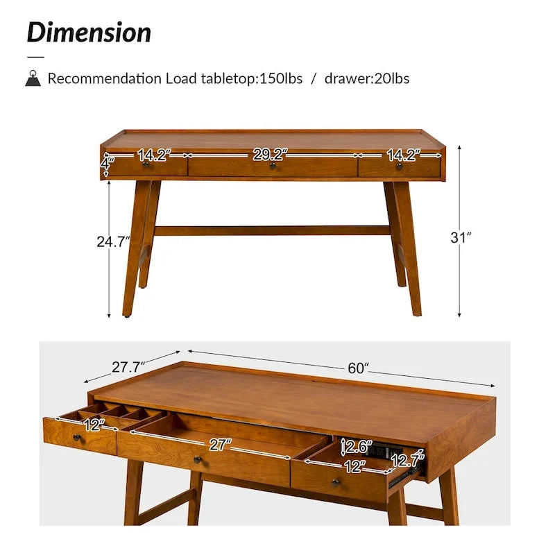 Eugenia Mid-century Office Desk with Drawer Divider&Cable Management&Charging Station by HULALA HOME
