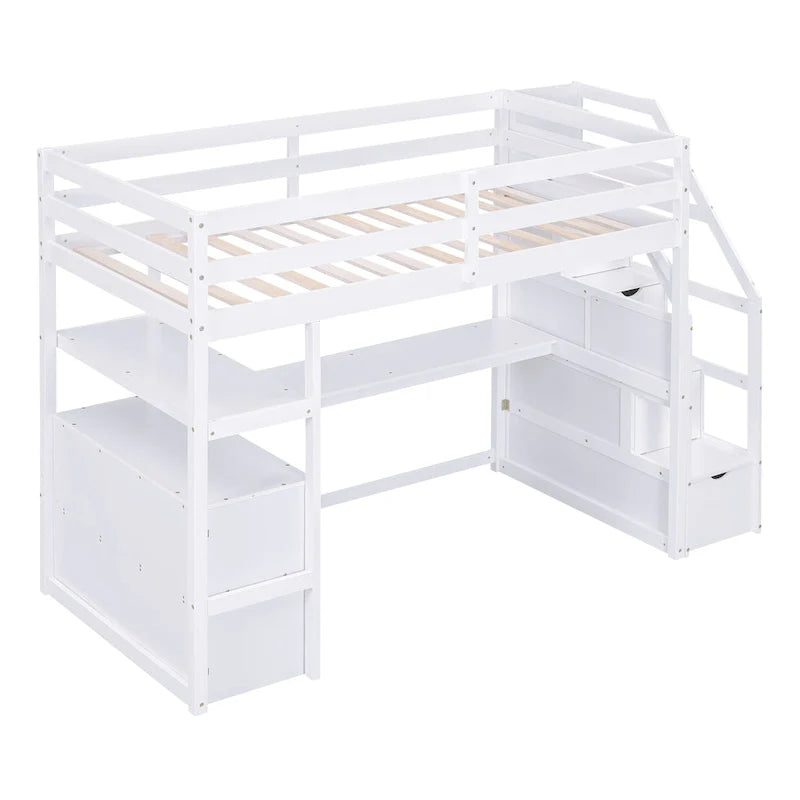 Twin Size Loft Bed with Desk and Shelves, Two Built-in Drawers, Storage Staircase