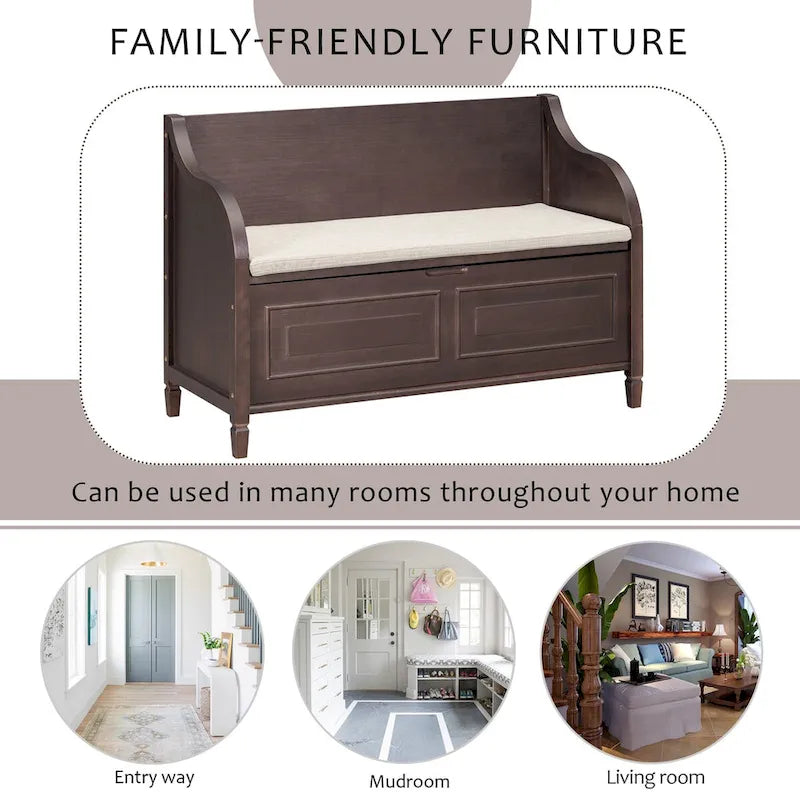 Rustic Solid Wood Entryway Storage Bench with Safety Hinge