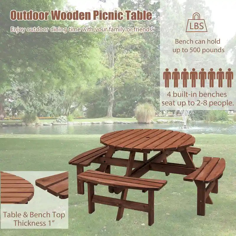 8-Person Outdoor Patio Fir Wood Round Picnic Dining Set with 4 Built-in Benches and Umbrella Hole