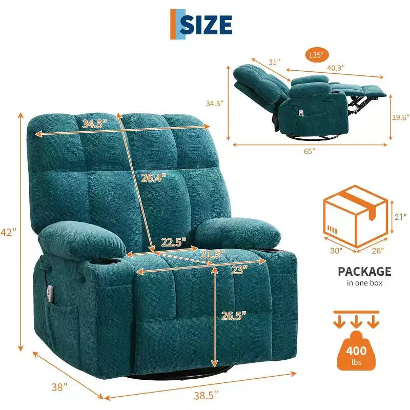 Oversized Recliner Chair for Adults, Manual Swivel Rocker Sofa, Side Pockets & Cup Holders for Big and Tall Persons, Living Room