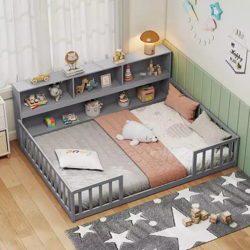 Twin/Full Size Montessori Floor Bed with Bookcase Storage Shelves & Safety Fence Rails White/Gray