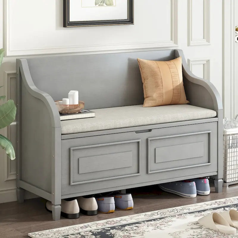 Rustic Solid Wood Entryway Storage Bench with Safety Hinge