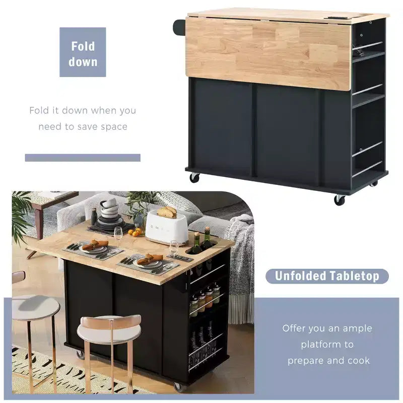 Movable Kitchen Island with Power Outlet, Drop Leaf and Rubber Wood Top