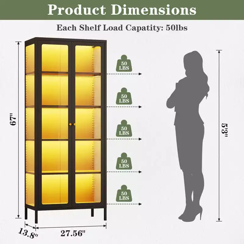 Bekrvio 67H 3-Side Glass Display Cabinet With LED Lights,5-Layer Storage with Double Doors and Metal Frame for Collectibles, Ideal for Small Spaces