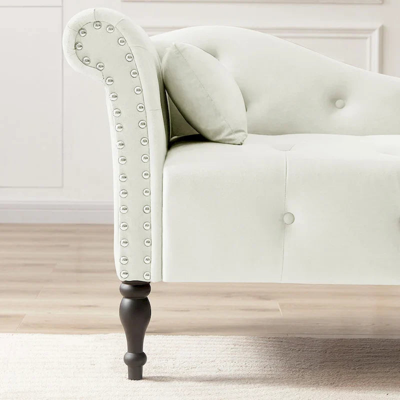 Chaise longue moderne de 154 cm avec revêtement en velours, boutons capitonnés, pieds en bois massif et clous de tapissier