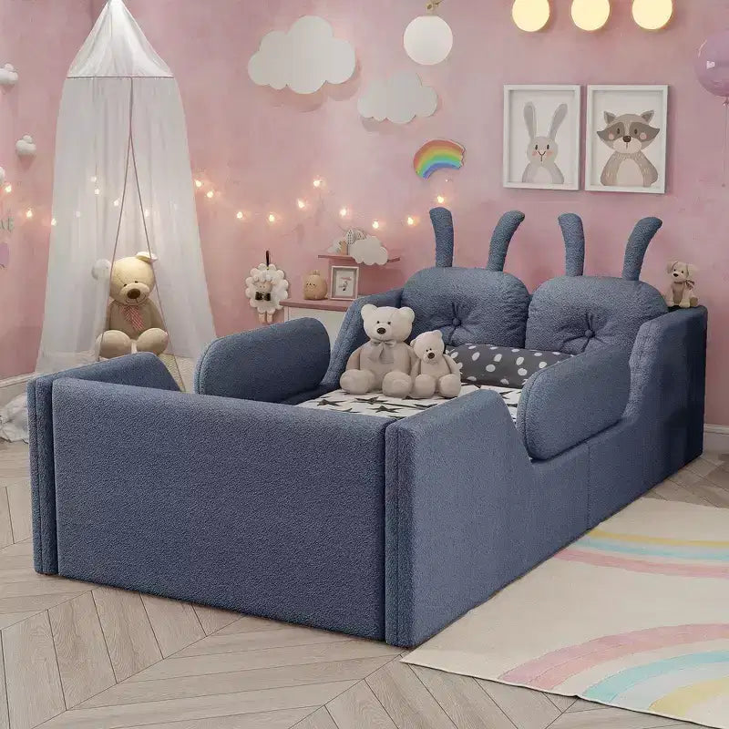 Lit plateforme double Whisen, cadre de lit rembourré pour enfants avec coussin lapin, barrières latérales amovibles