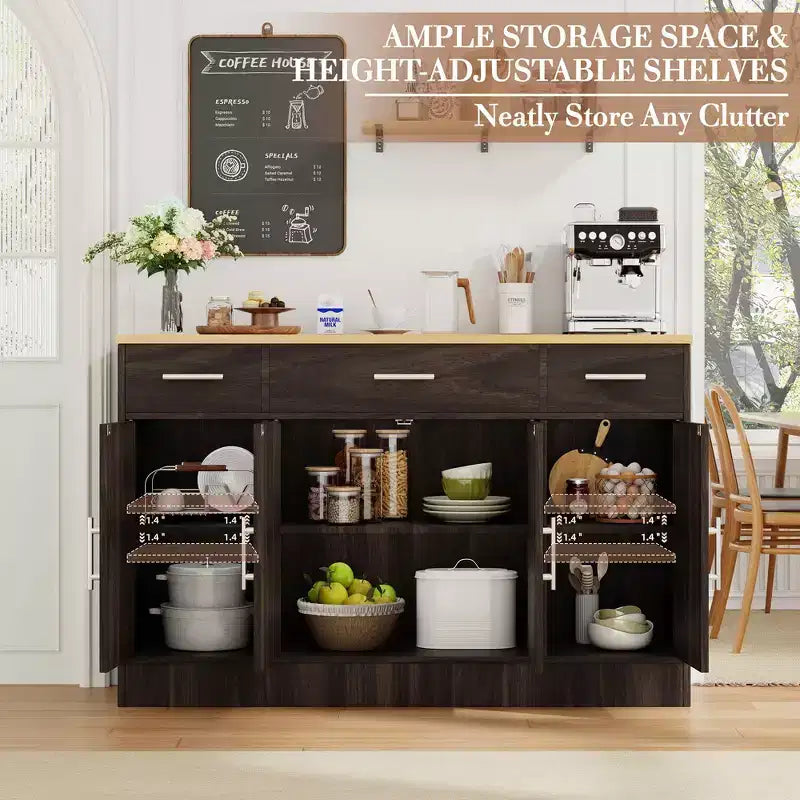 Celebalcony Buffet Cabinet with Storage,53.4 Large Kitchen Storage Cabinet with 3 Drawers & 4 Doors, Adjustable Shelf for Kitchen,Living Room