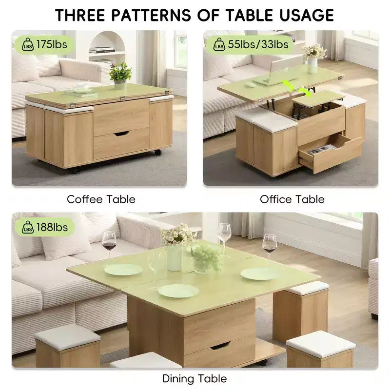 Multi-Function Modern Lift-Top Coffee Table with Hidden Storage, 4 Stools and Casters, Perfect for Modern Living Spaces