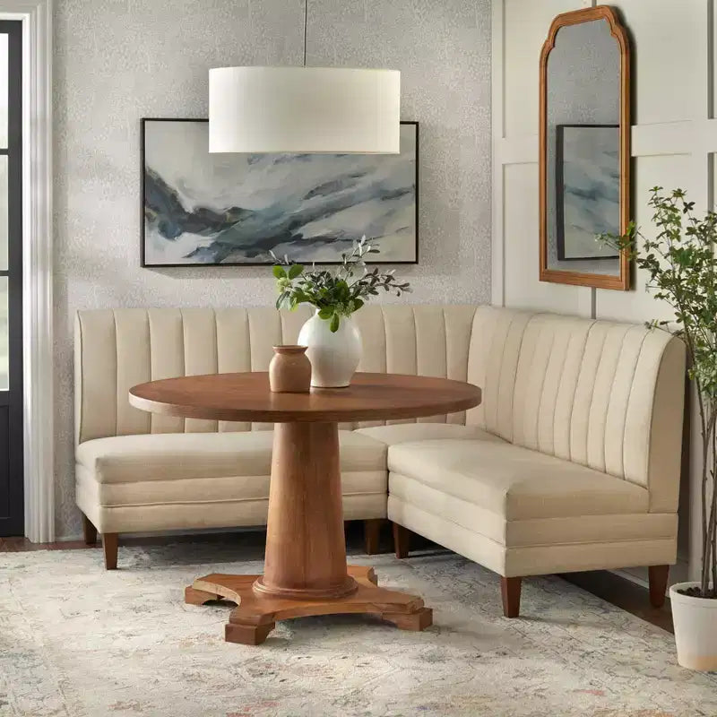 Lifestorey 4pc Kerrington Channel Back Banquette Dining Set Walnut/Cream: Linen-Look Fabric, Pedestal Table