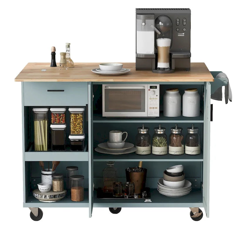 Îlot de cuisine avec plan de travail pliable, desserte de rangement de cuisine avec étagère coulissante, porte-serviettes et tiroir, roulettes.