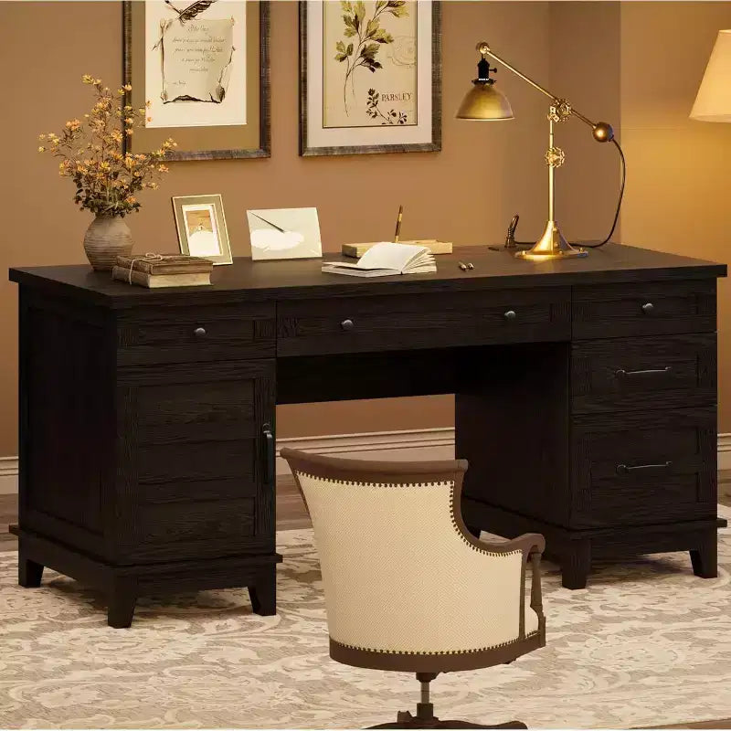 60 Executive Desk with Drawers, Home Office Desk with Charging Station, Wooden Computer Writing Desk for Study, Conference Table for Living Room
