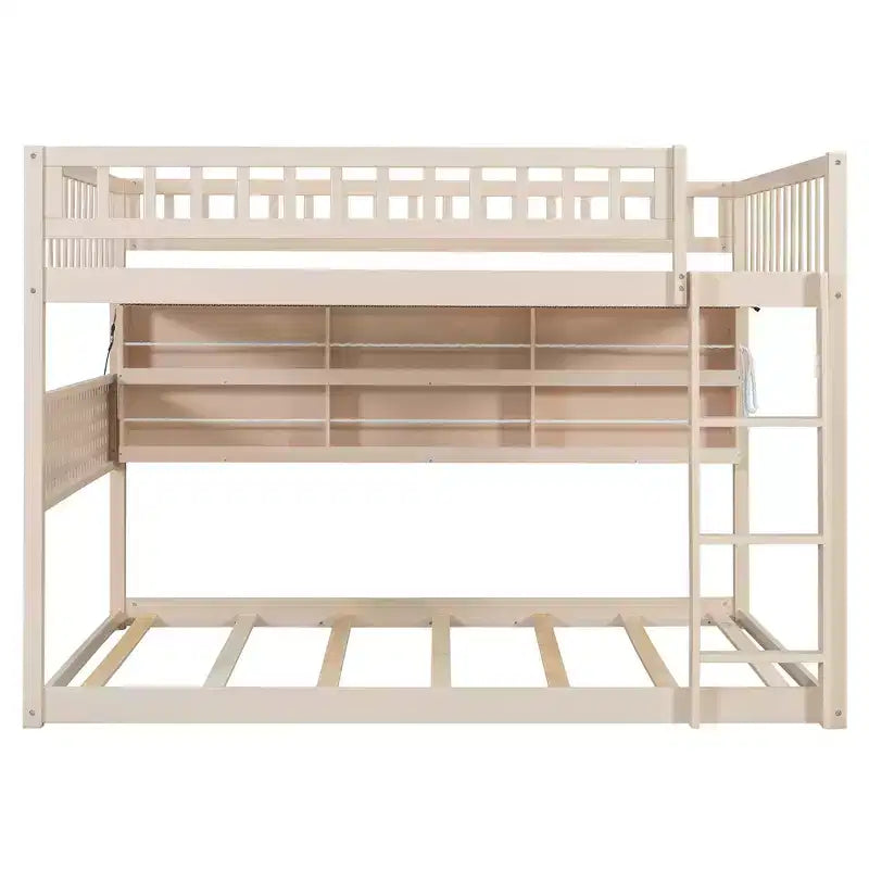 Luxystar Full Over Full Modern Low Bunk Bed With Storage Lighted Shelves And Pegboard