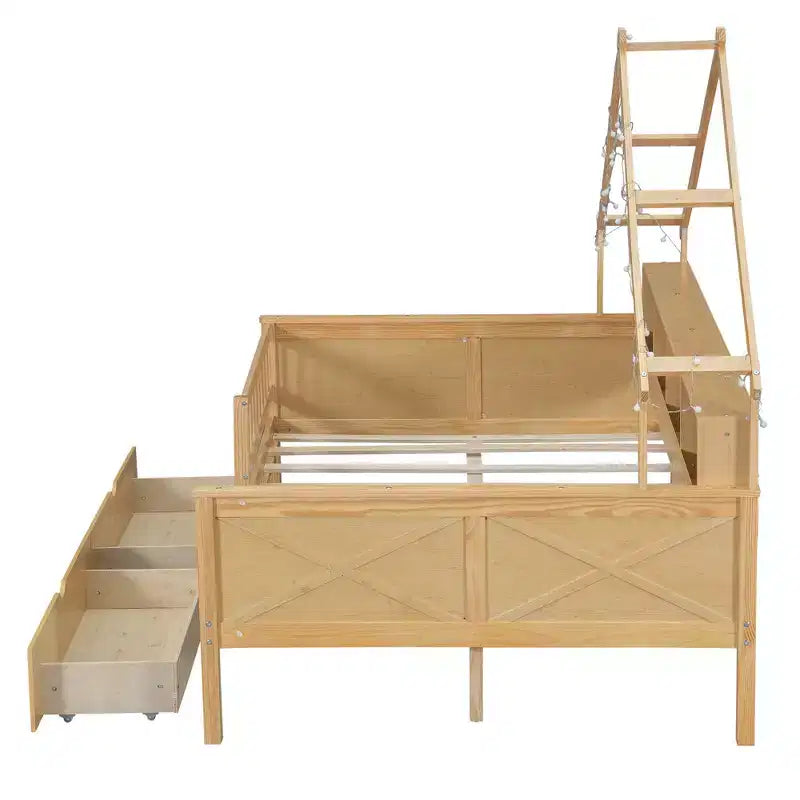 Full Size House Bed Frame with Drawers, House Platform Bed with LED Lights, Storage Shelves & Drawers, Wood Daybed with Roof and Guardrail