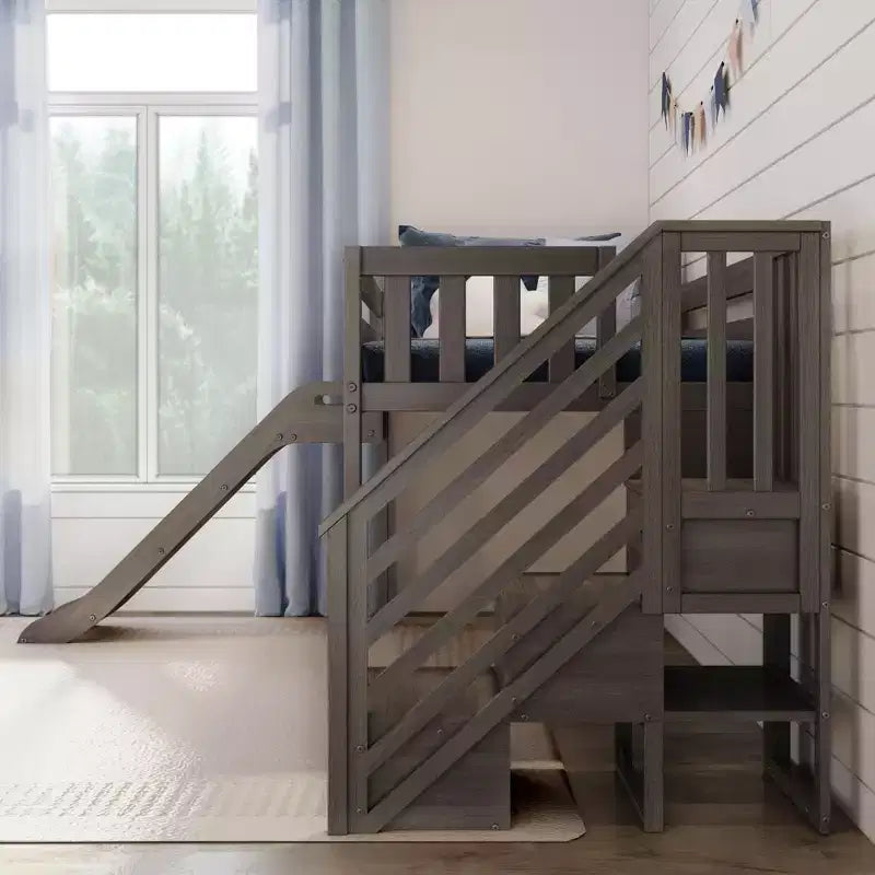 Kids Twin Low Loft Bed with Slide & Stairs, Solid Wood, 14 Guardrails, 400 lb Capacity