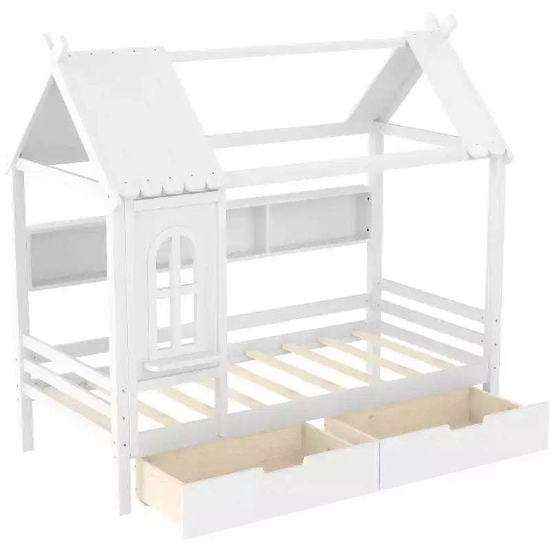 House Platform Bed with Storage Drawers and Window, Solid Wood Frame with Shelves, Childlike Fun Design, Light White