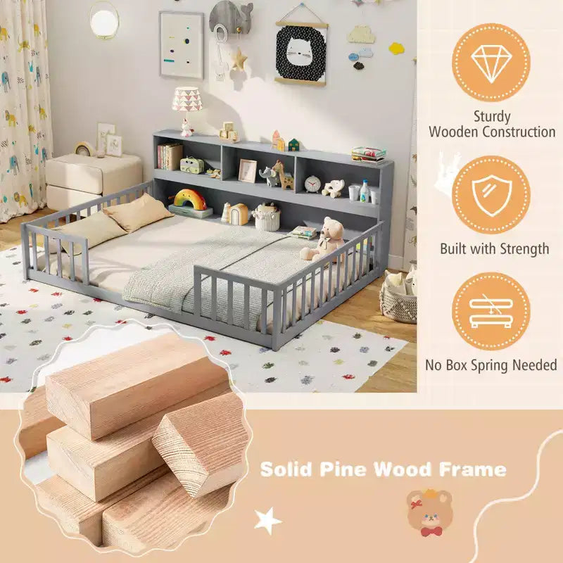 Twin/Full Size Montessori Floor Bed with Bookcase Storage Shelves & Safety Fence Rails White/Gray