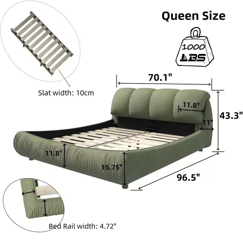 MAYEERTY Queen Size Luxury Upholstered Platform Bed with Oversized Padded Backrset and Solid Wood Frame Green