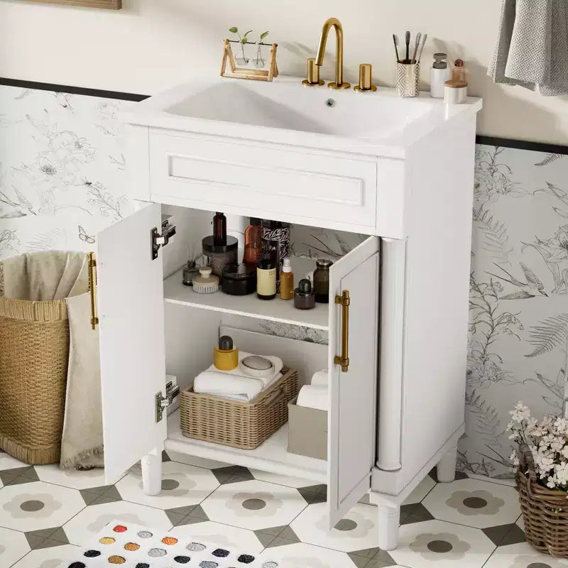 24 Bathroom Vanity with Ceramic Sink, Shaker Cabinet, 2 Soft-Close Doors, Solid Wood Frame for Small Bathroom or Powder Room