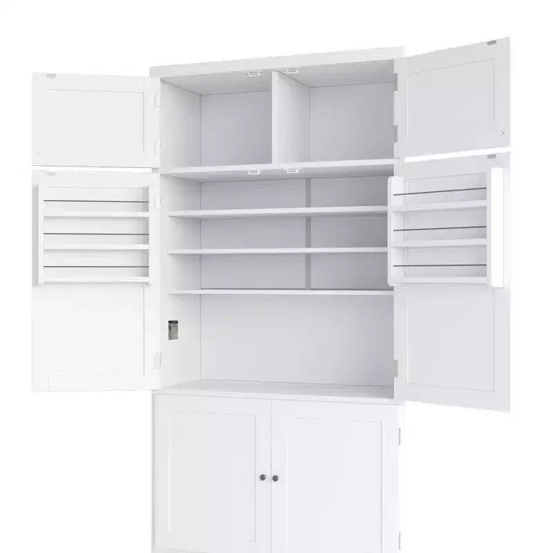 Grand meuble de garde-manger de cuisine avec prises électriques, grand placard autoportant avec support pour micro-ondes, tiroirs, étagères, casiers à vin et étagère de porte
