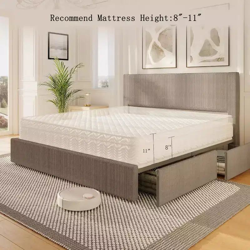 CuisinSmart Corduroy Bed Frame with Headboard, Platform Upholstered Bed Frame with 4 Storage Drawers and Wooden Slats Support