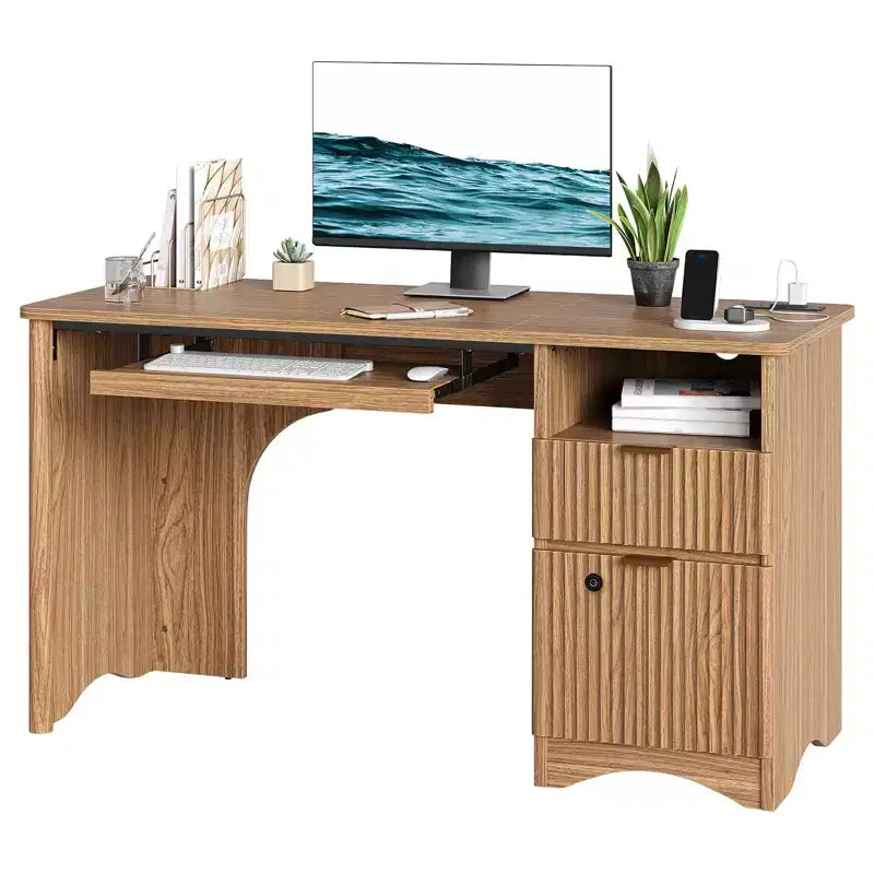 Bestier 55 Smart Computer Desk, Oak Writing Desk with File Drawers and Power Outlet, Executive Office Desk with Open Storage and Keyboard Tray