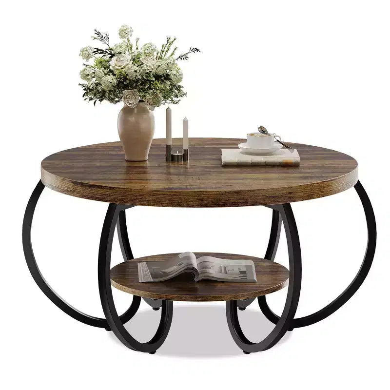 30 Inch Round Industrial Coffee Table 2-Tier with Adjustable Feet Wood Grain Shelf Flame Design Easy Assembly Living Room