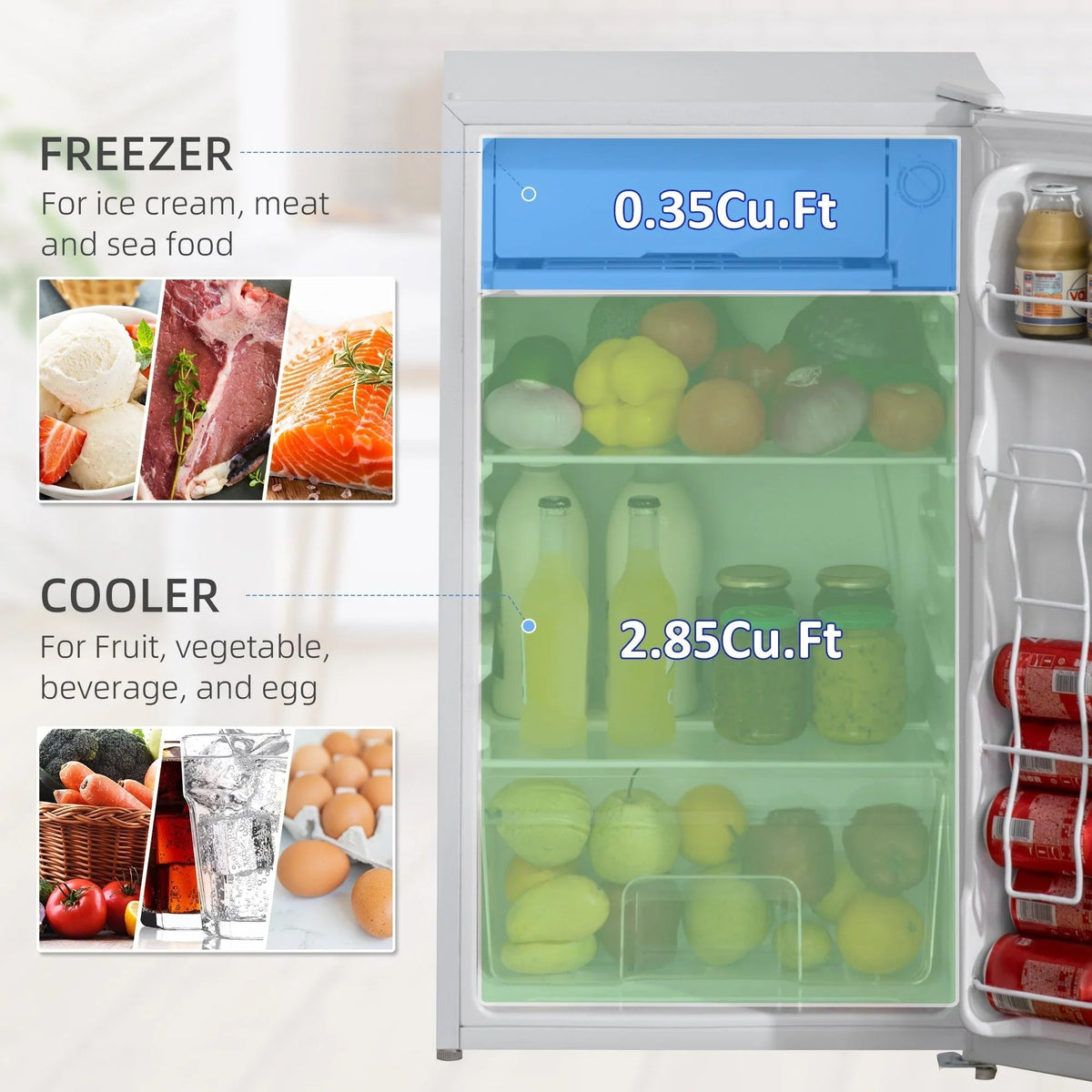 HOMCOM Mini-réfrigérateur de 90,6 L avec congélateur, Réfrigérateur compact à porte unique avec thermostat réglable pour chambre