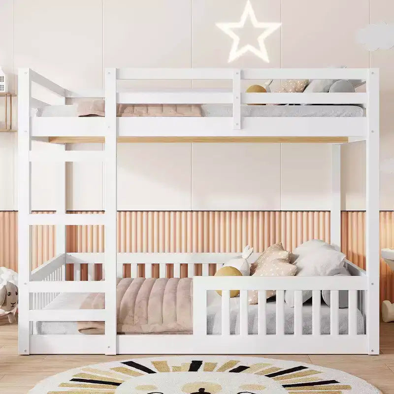 Full over Full Wooden Bunk Bed with Ladder and Guardrails, Low Floor Full Size Bunk Beds with Slats Support
