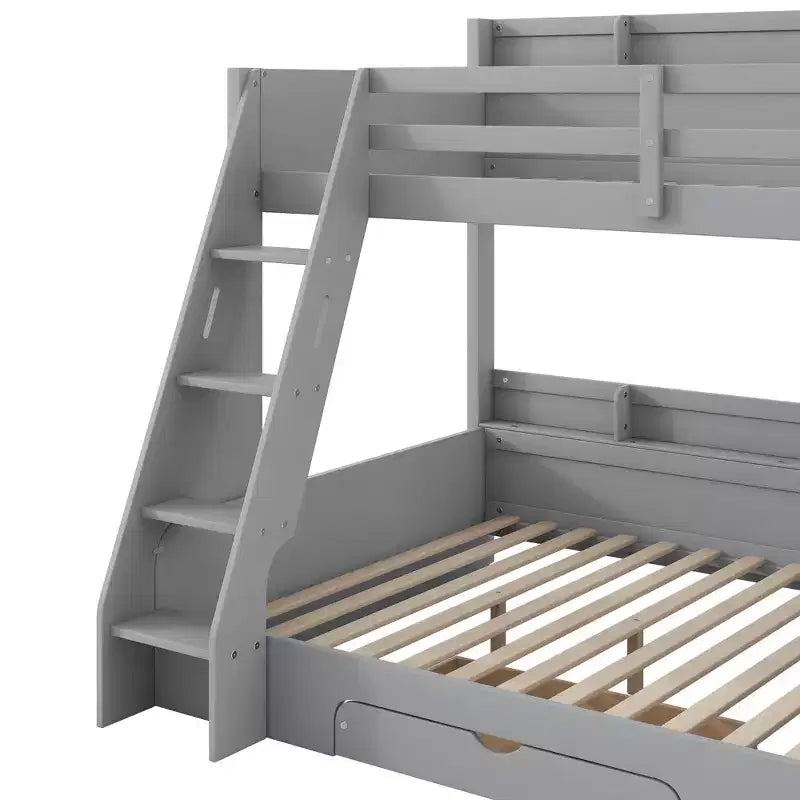 Twin over Full Bunk Bed with Storage, LED Lights & Charging Station, Wood Bunked Bed Beside Shelves for Kids & Teens