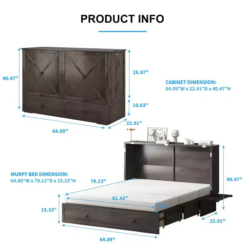 Mjkone Murphy Bed Queen,Cube Cabinet Chest Bed with Charging Station&Storage Space