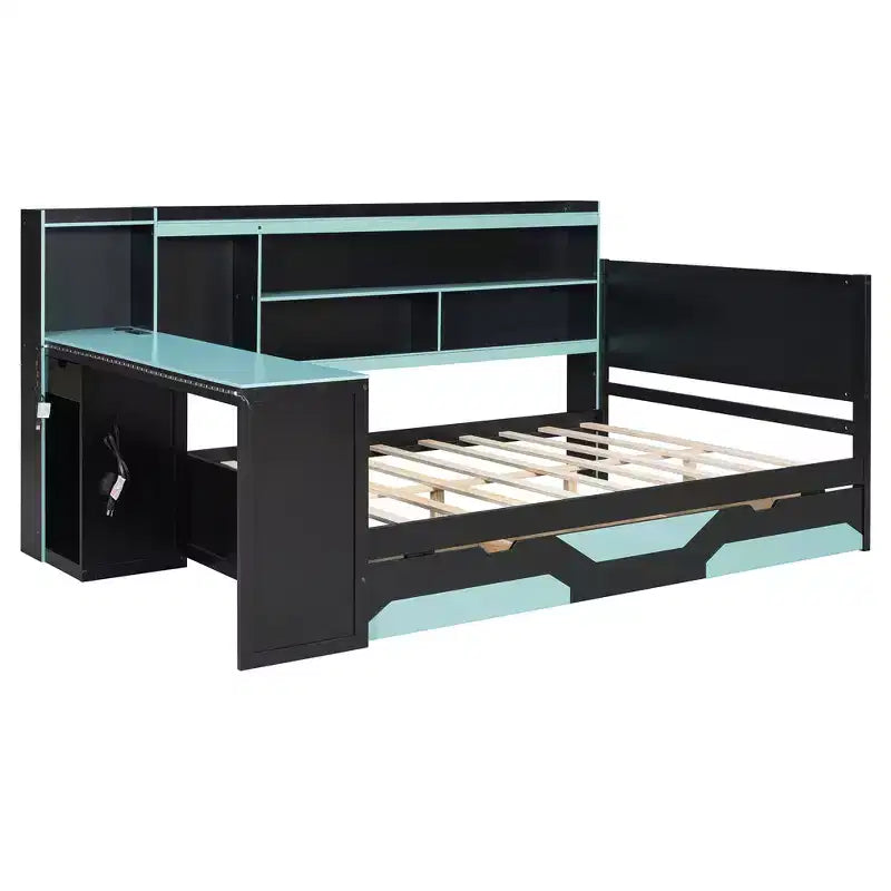Gamer Hub Daybed with Desk, RGB Lights, Charging Station, Storage Drawers & Bookcase Headboard