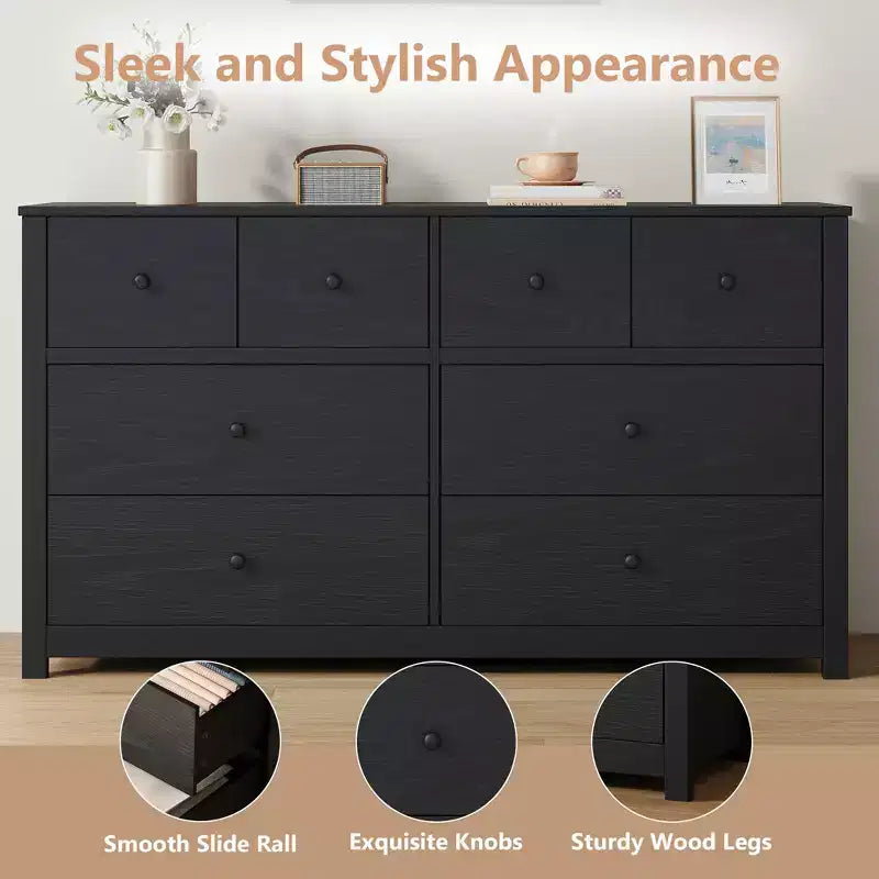 Modern 8-Drawer Dresser for Bedroom, Wide Wood Chest of Drawers with Deep Storage, Freestanding Organizer Cabinet Furniture for Living Room