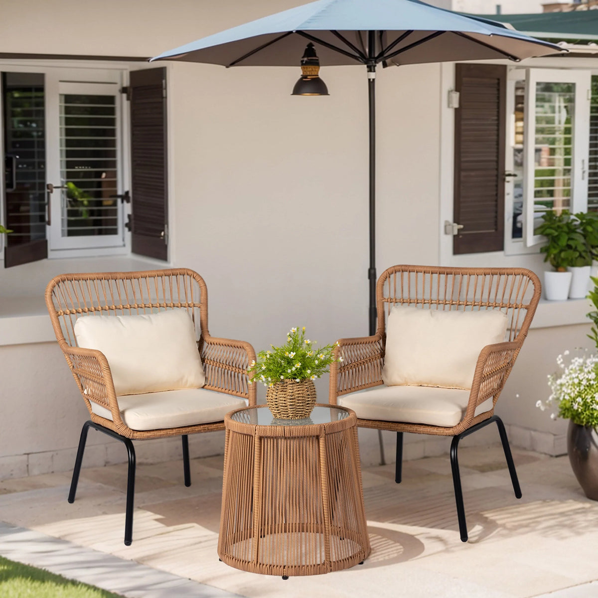 Ensemble bistrot 3 pièces en osier pour conversation, salon de jardin en rotin résistant aux intempéries avec coussins