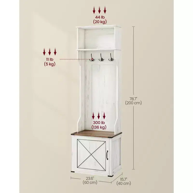 Hall Tree with Bench and Shoe Storage, Coat Rack with Shoe Bench, Entryway Furniture, 3 Tri-Hooks, Door with Handle, Rustic White