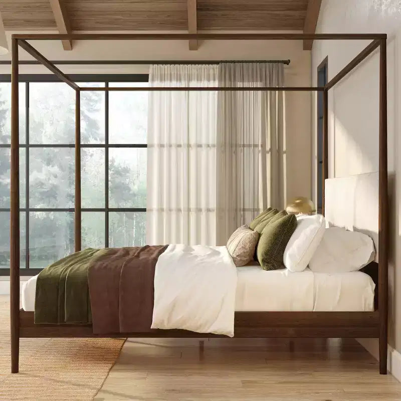 Harbor King Canopy Bed with Upholstered Headboard, Blonde/Swiss Coffee (MD2411-01)