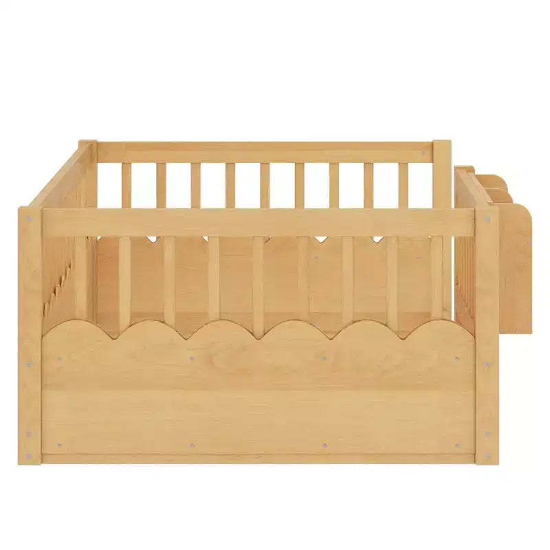 Bellemave Kids Floor Bed with Heightened Fence and Bookshelf, Wooden Twin Montessori Bed Frame for Girls Boys
