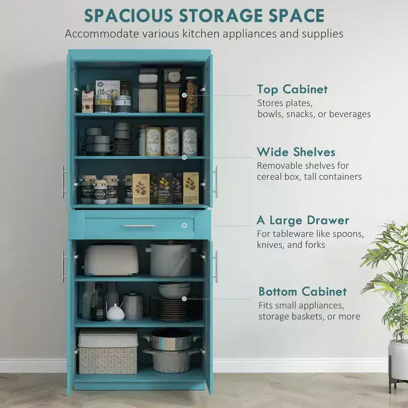 Modern Kitchen Pantry Freestanding Cabinet Cupboard with Doors and Drawer, Adjustable Shelving