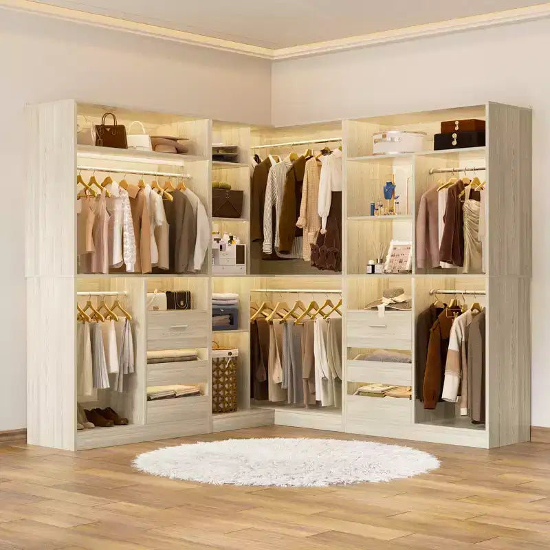 Besiost Set of 3 Corner Closet System with Tower Shelves and Drawers, Freestanding Closet Organizer with Hanging Rods