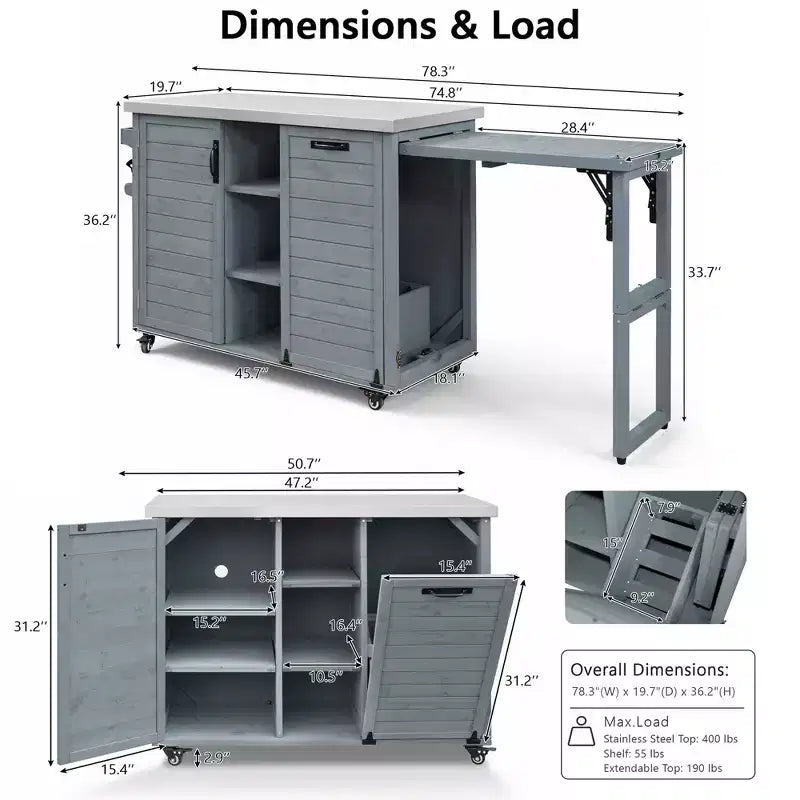 FAMYYT 78.3-Inch Outdoor Kitchen Island with Stainless Steel Countertop, Foldable BBQ Station, and Storage Cabinets, Grey Blue
