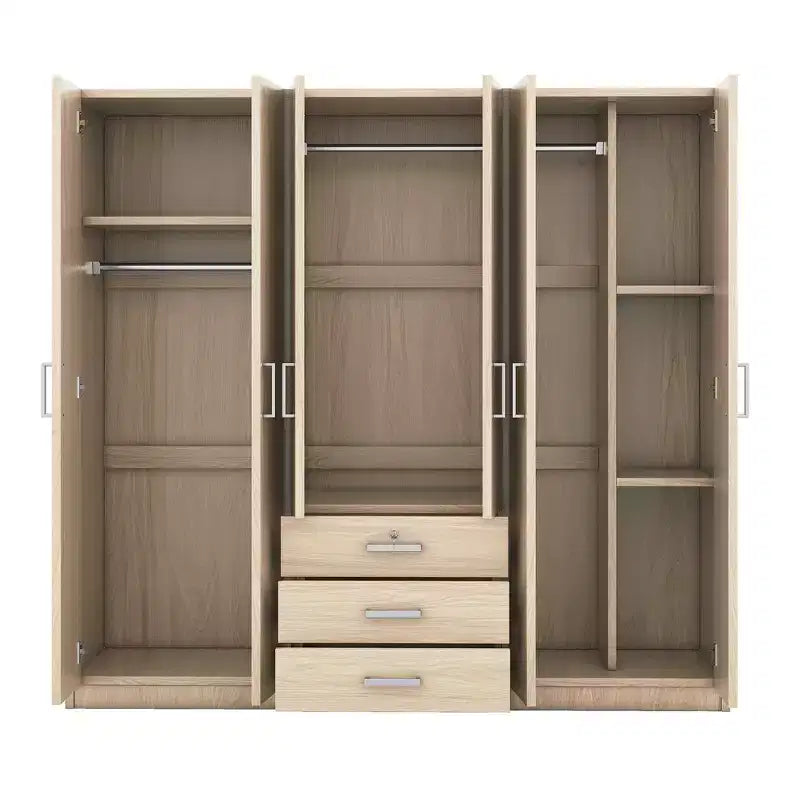 6-Door Wooden Wardrobe with Drawers for Bedroom