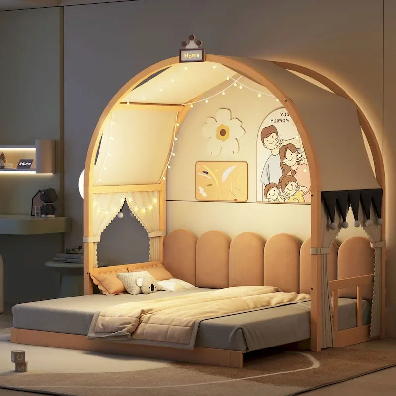 Solid Wood Playhouse Platform Bed Floor Montessori Bed Frame with Arched Roof and Trundle for Girls and Boys