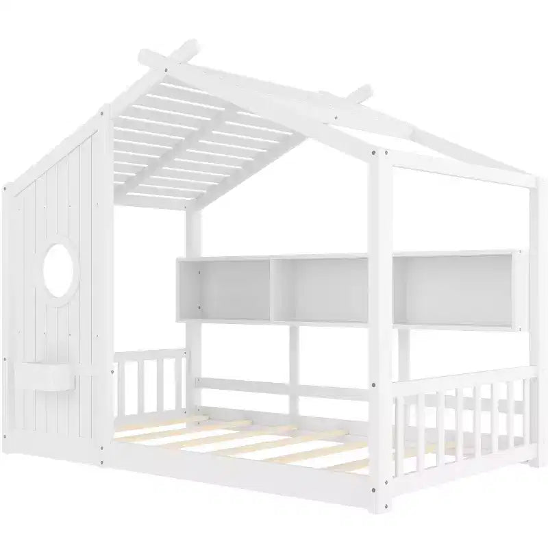 Floor House Bed with Built-In Storage Shelves & Slatted Roof