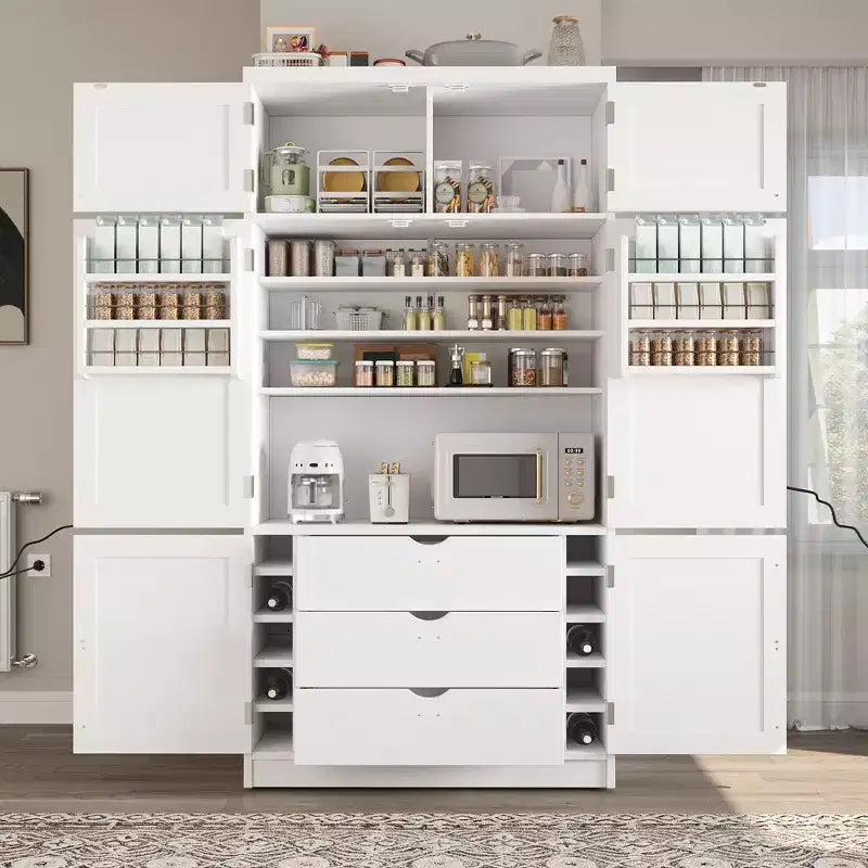 Grand meuble de garde-manger de cuisine avec prises électriques, grand placard autoportant avec support pour micro-ondes, tiroirs, étagères, casiers à vin et étagère de porte