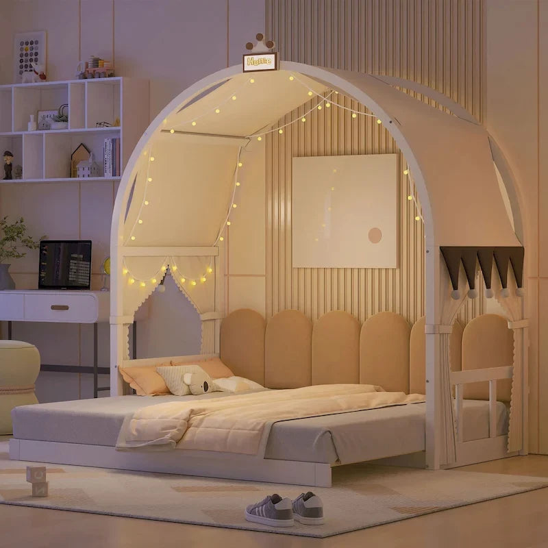 Lit cabane Montessori en bois massif avec plateforme, toit voûté et lit gigogne pour filles et garçons